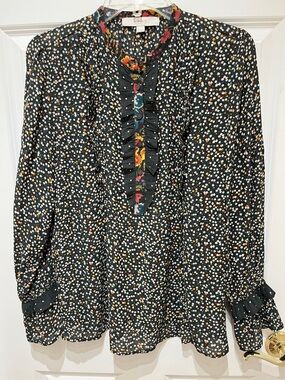 LOFT Black Multicolor Dot Ruffled Button Collared Blouse
